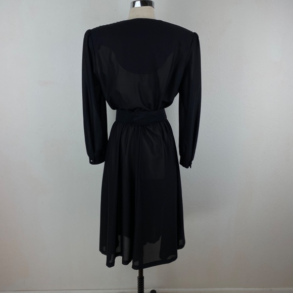 Vintage 80s Black Cocktail Dress Large Silver Beaded Drape Front Evening Formal - Picture 9 of 15